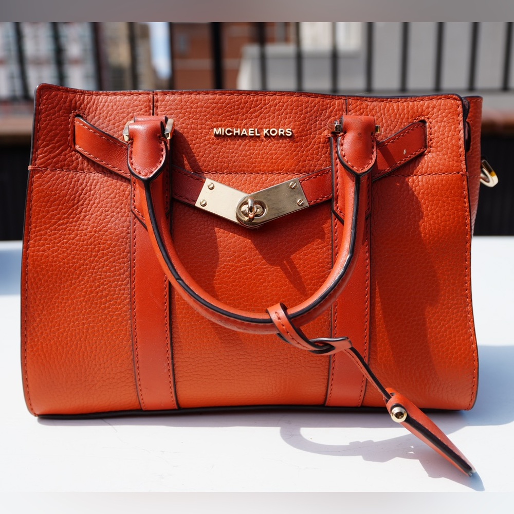 Michael Kors Orange Pebbled Leather Satchel Gold Hardware Crossbody